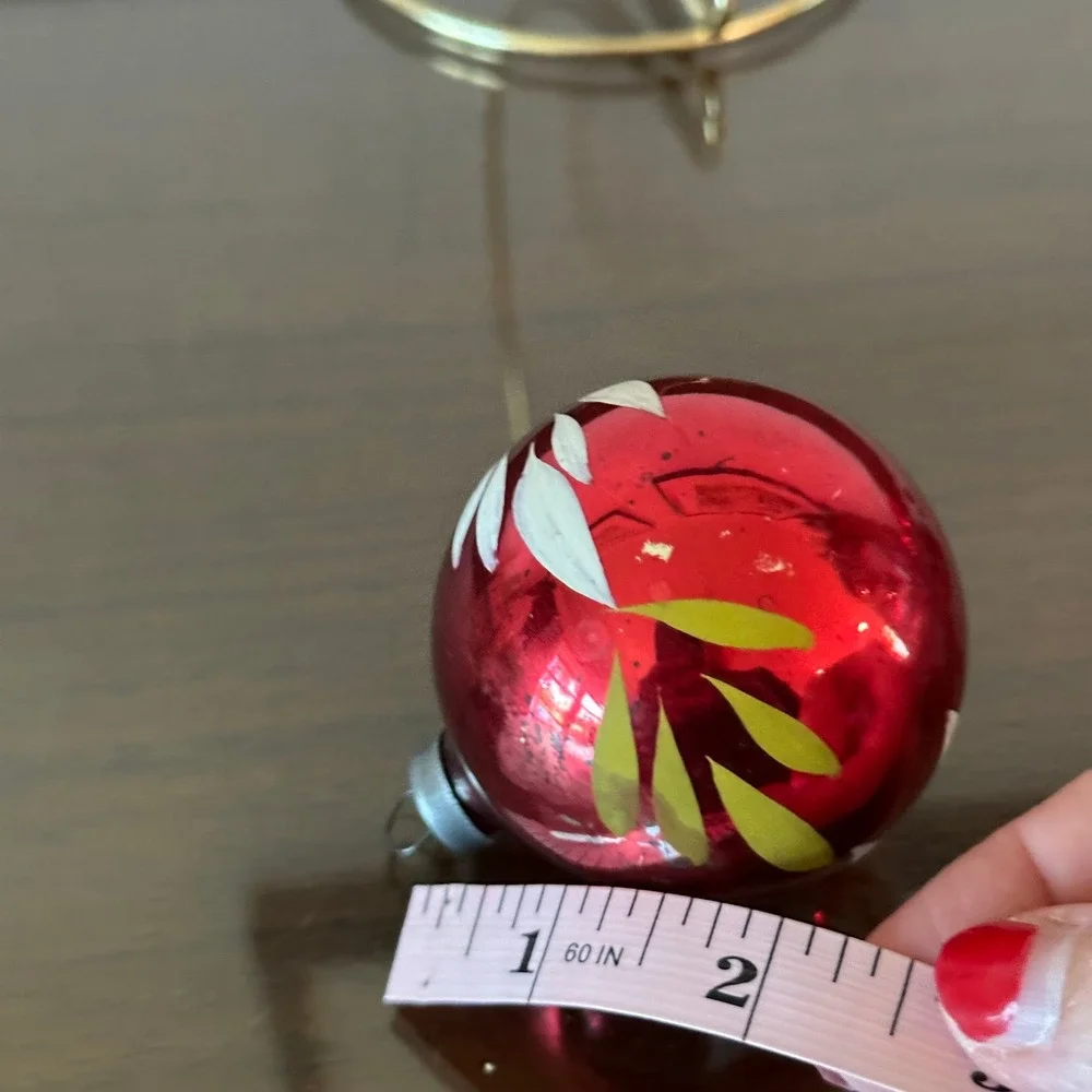 Vintage Heim Glass Christmas Ornament Hand Painted White Green Leaves 2.50''
